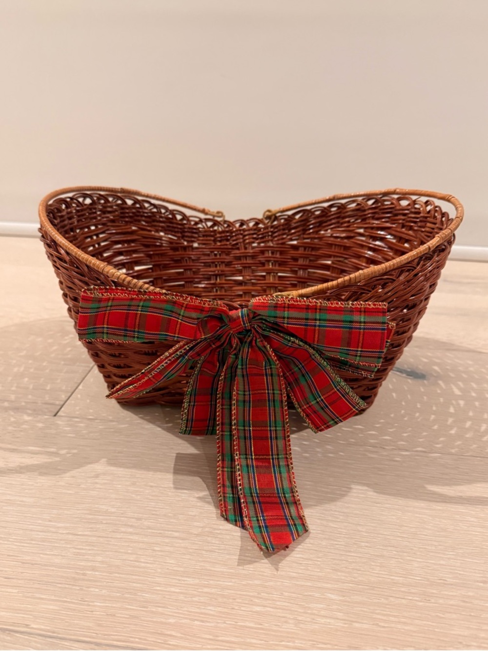 Woven Wicker Basket with Tartan Plaid Bow